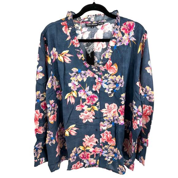Tolani Collection ruffle collar blue floral button down blouse Size 3X - Picture 1 of 11